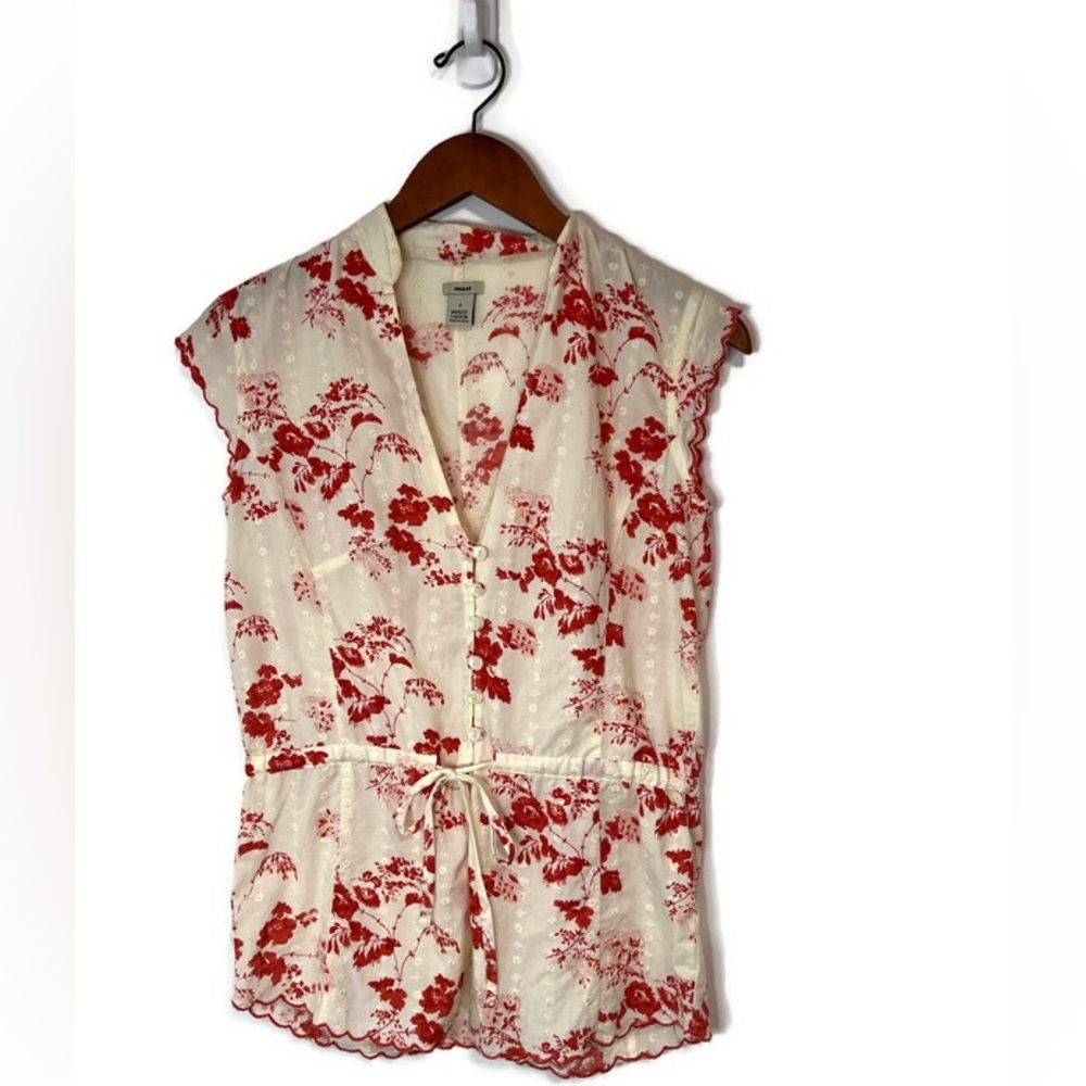 Mavi red & cream floral print, cap sleeve top, red embroidery scalloped hems